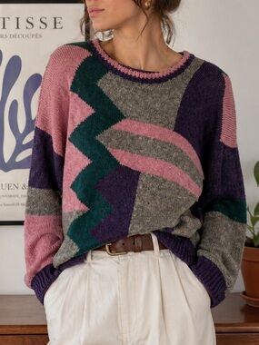 Hand Knit Cottage Craft Tweeds Wool Sweater Geometric Colorblock Canada L/XL
